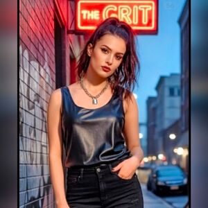 Pink Rose Faux Leather Edgy Front Tank Top Black SZ L